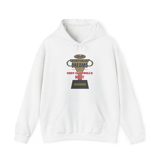 White hoodie with front pocket and Championship Dreams graphic, drawstring hood