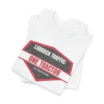 White crew-neck tee stack with red tractor logo print