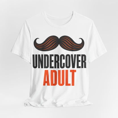 White adult graphic t-shirt with centered mustache art and 'UNDERCOVER ADULT' lettering