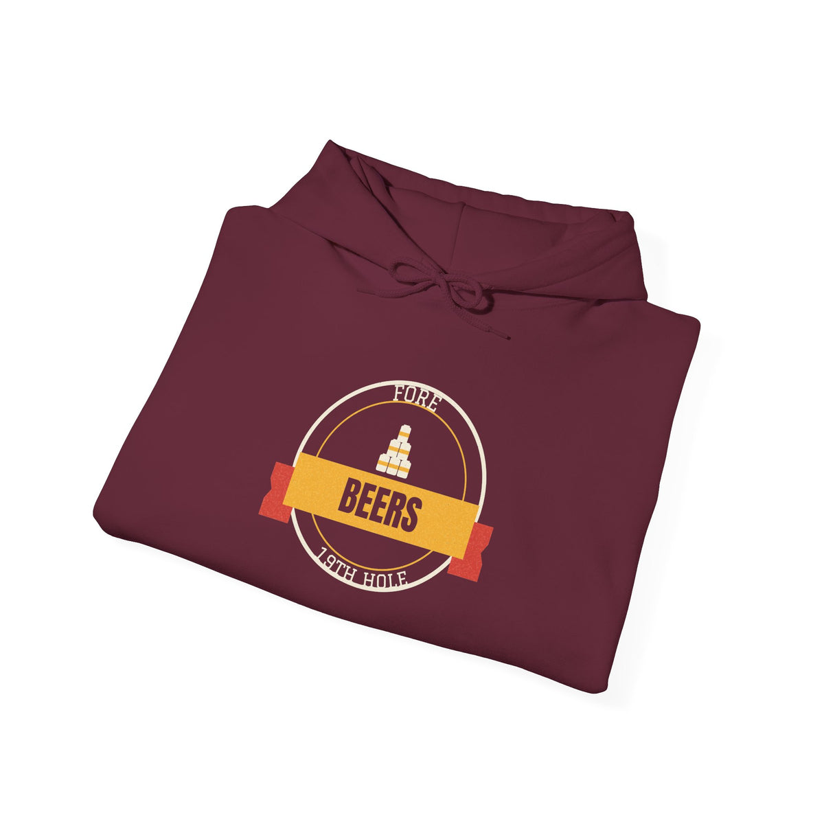 Maroon hoodie with circular BEERS graphic on chest, hood and drawstring