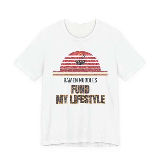 White T-shirt with red striped ramen noodles graphic and "Find My Lifestyle" text