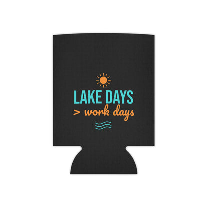 Black can koozie with Lake Days > work days graphic, teal and orange accents