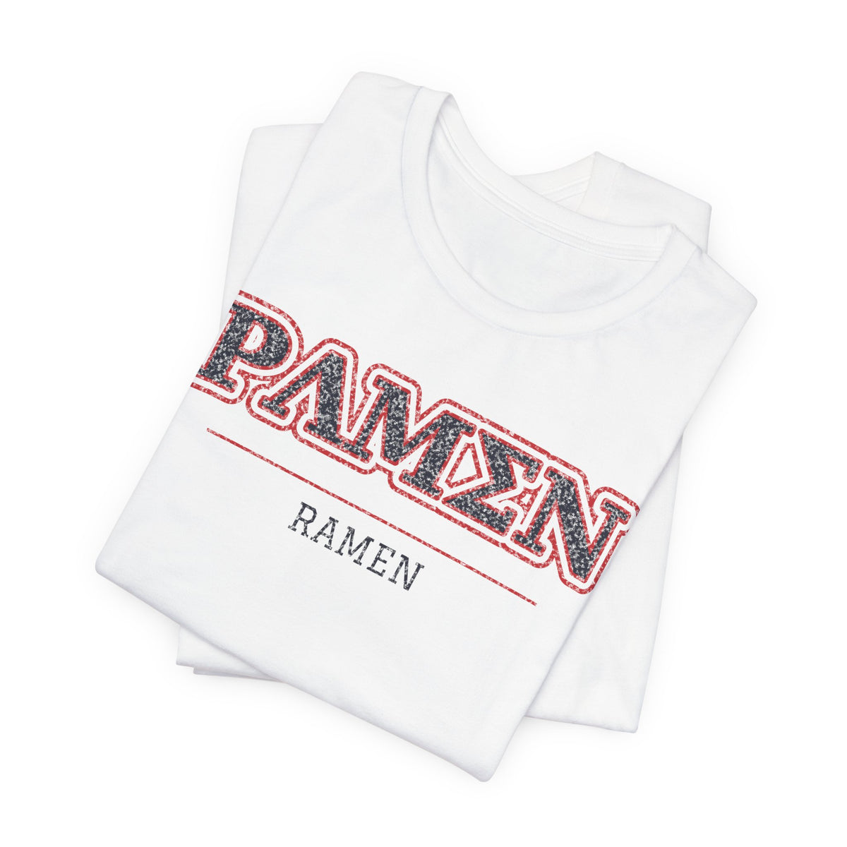 White crew-neck T-shirt with PAMEN ramen logo graphic, folded view