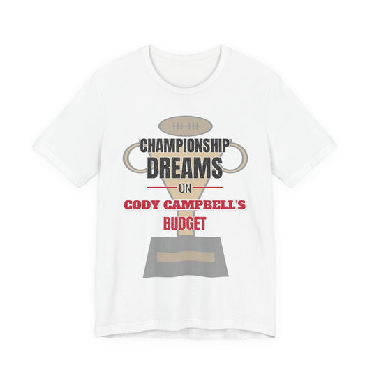 White graphic T-shirt with football-helmet 'Championship Dreams' logo
