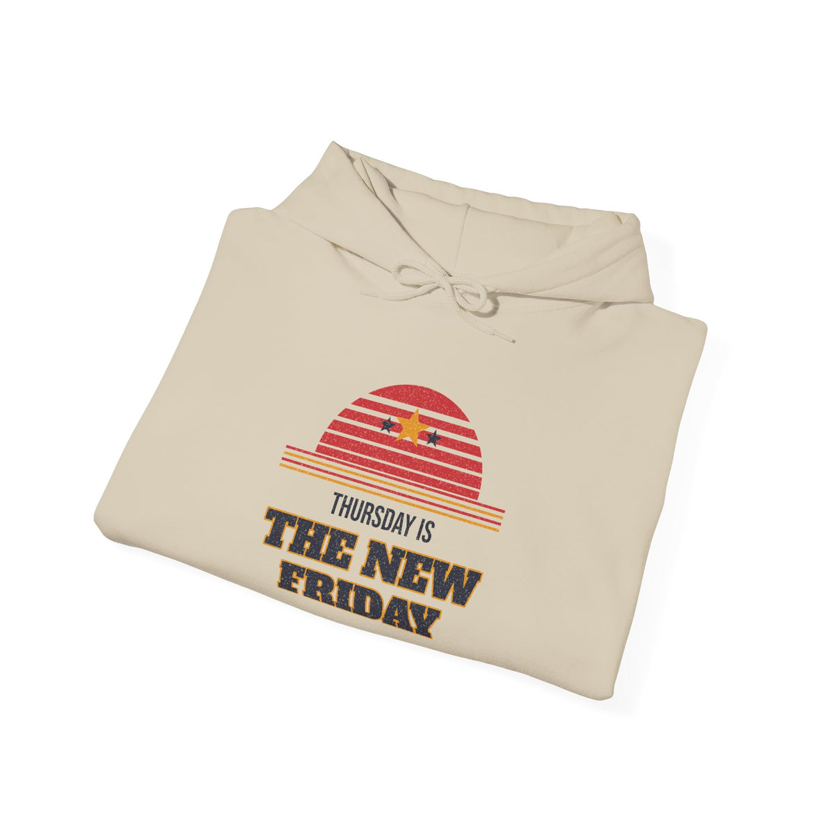 Beige hoodie with drawstring hood and “The New Friday” graphic front.