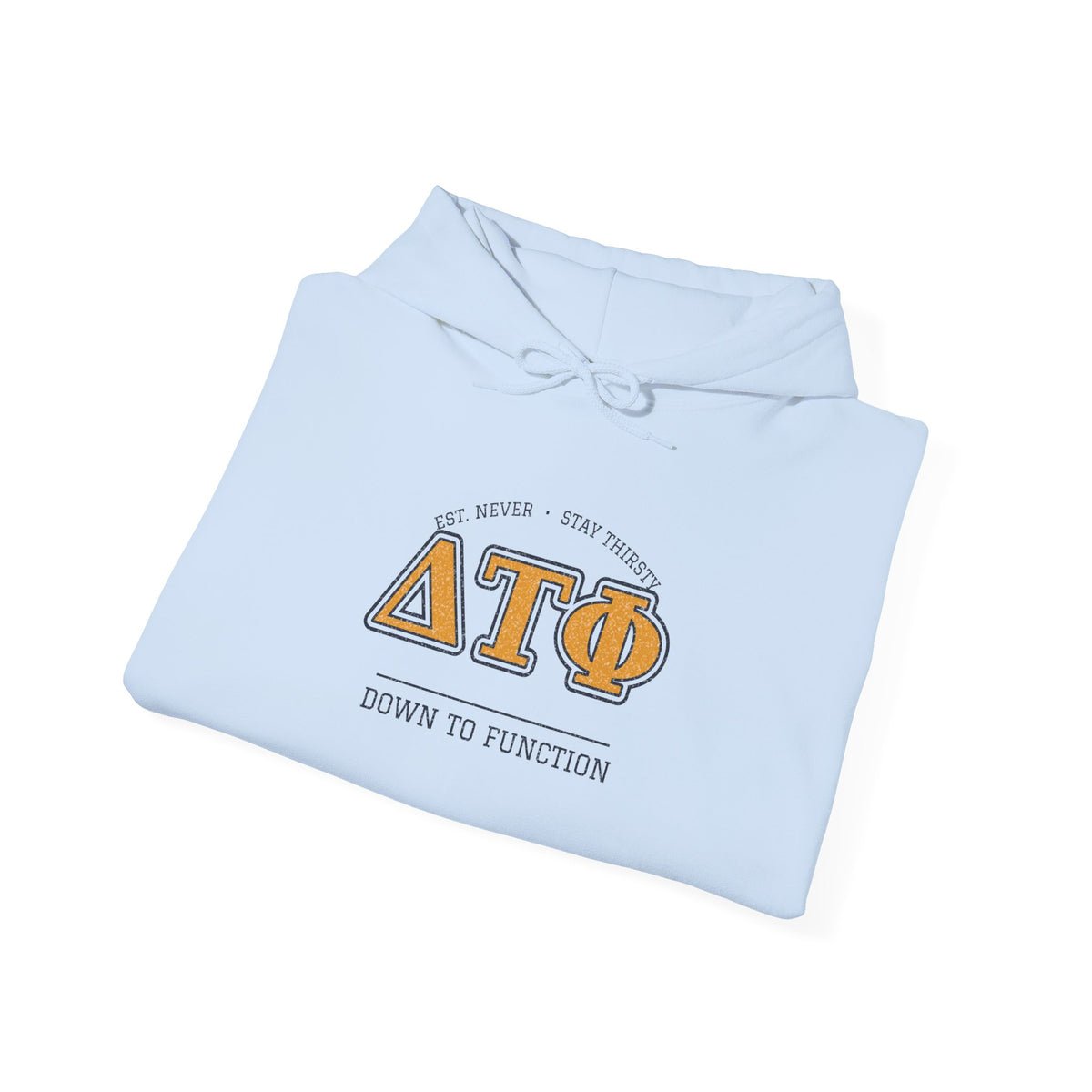 Light blue hoodie with hood and chest graphic print, drawstring neckline