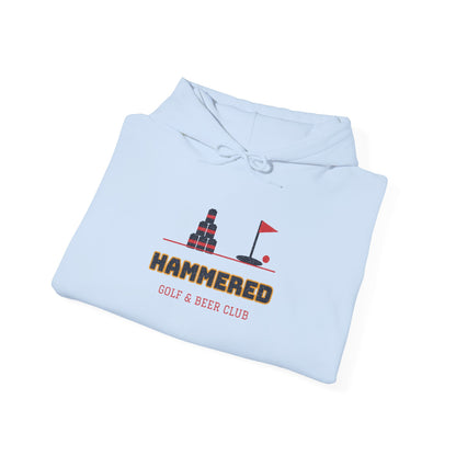 Light blue hoodie with HAMMERED golf & beer club logo graphic.