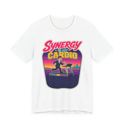 White crewneck T-shirt with colorful “cardio” treadmill workout graphic on chest