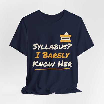 Navy crewneck T-shirt with stacked books icon and “Syllabus? I Barely Know Her” print