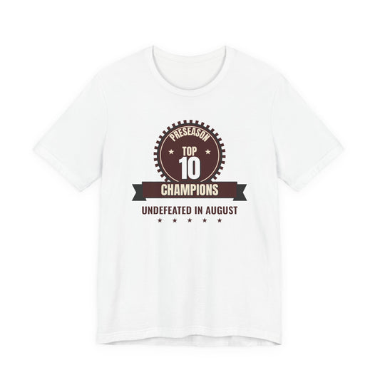 White crewneck tee with circular 'Preseason Top 10 Champions' front graphic