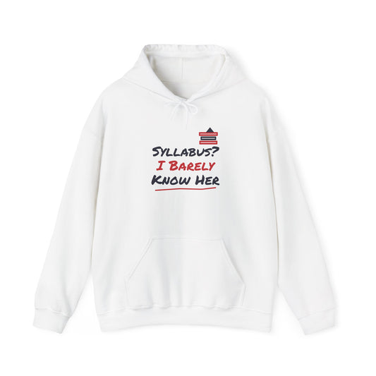 White pullover hoodie with front graphic text and kangaroo pocket
