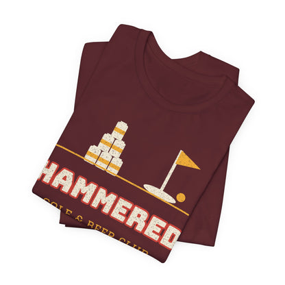 Maroon T-shirt with crew neck and bold 'HAMMERED' golf and beer club graphic