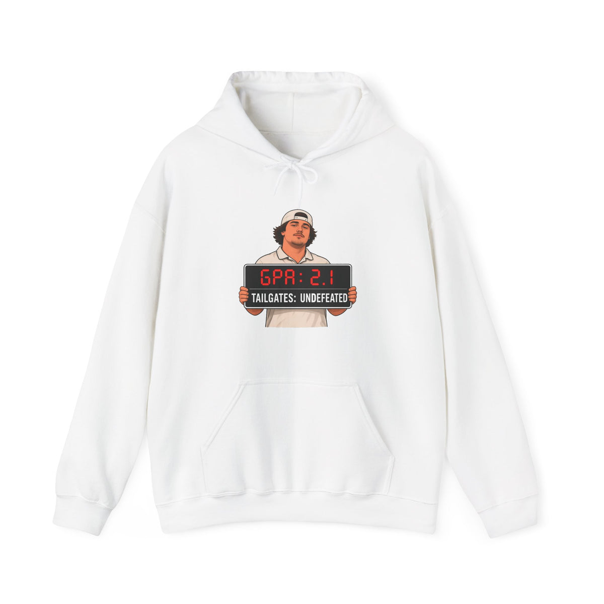 White pullover hoodie with chest graphic and front pouch pocket