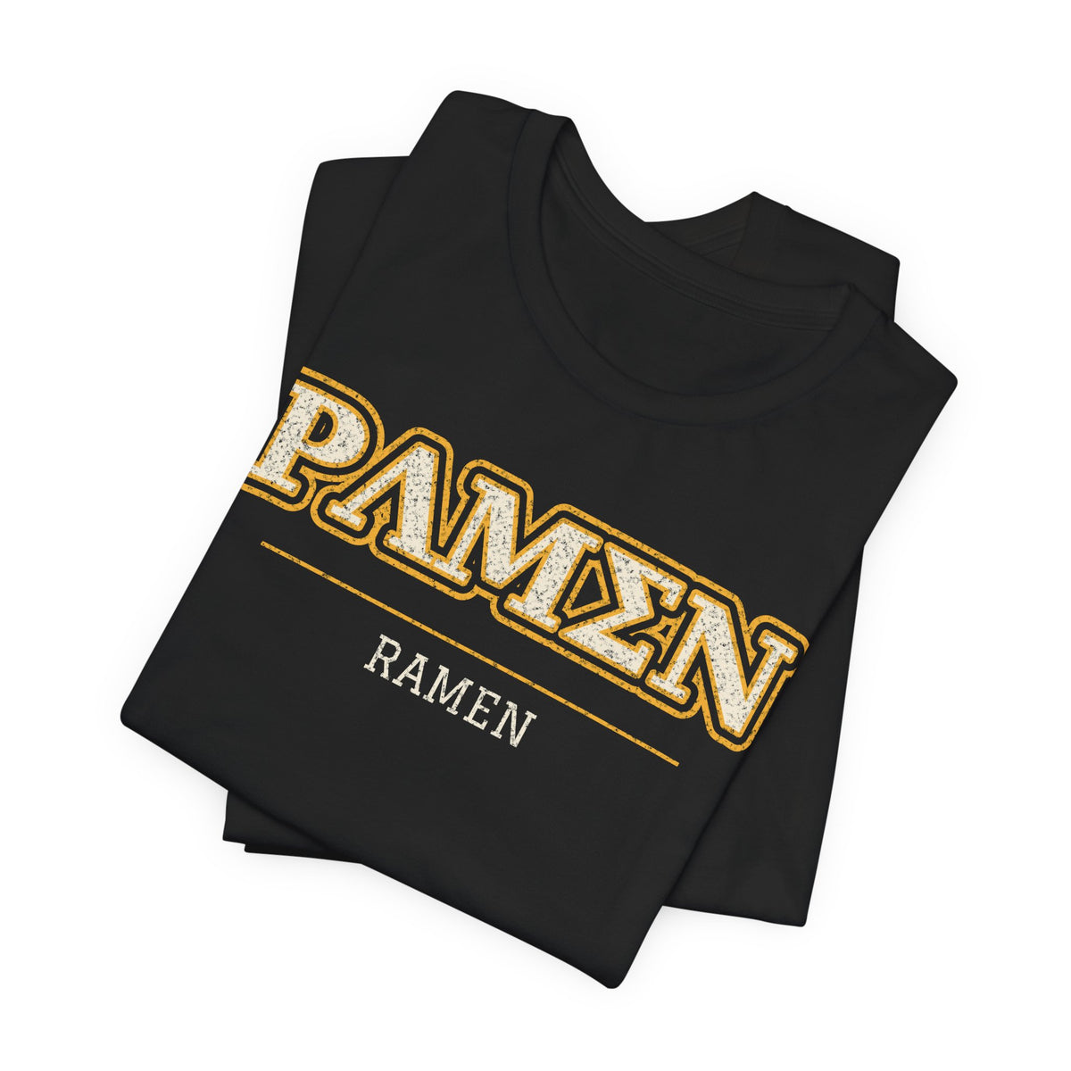 Black graphic T-shirt with faux Greek lettering and RAMEN print, folded