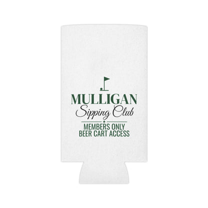 White can cooler koozie with green Mulligan Sipping Club logo and beer cart access text
