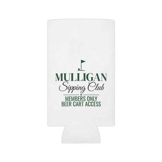 White can cooler koozie with green Mulligan Sipping Club logo and beer cart access text