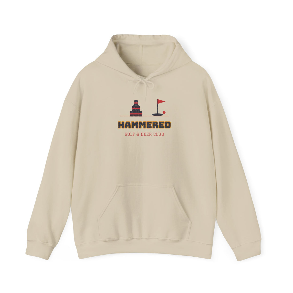 Beige pullover hoodie with front pocket, drawstring hood, and HAMMERED logo print