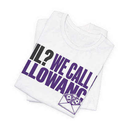 Folded white allowance tee showing black and purple slogan print with envelope icon