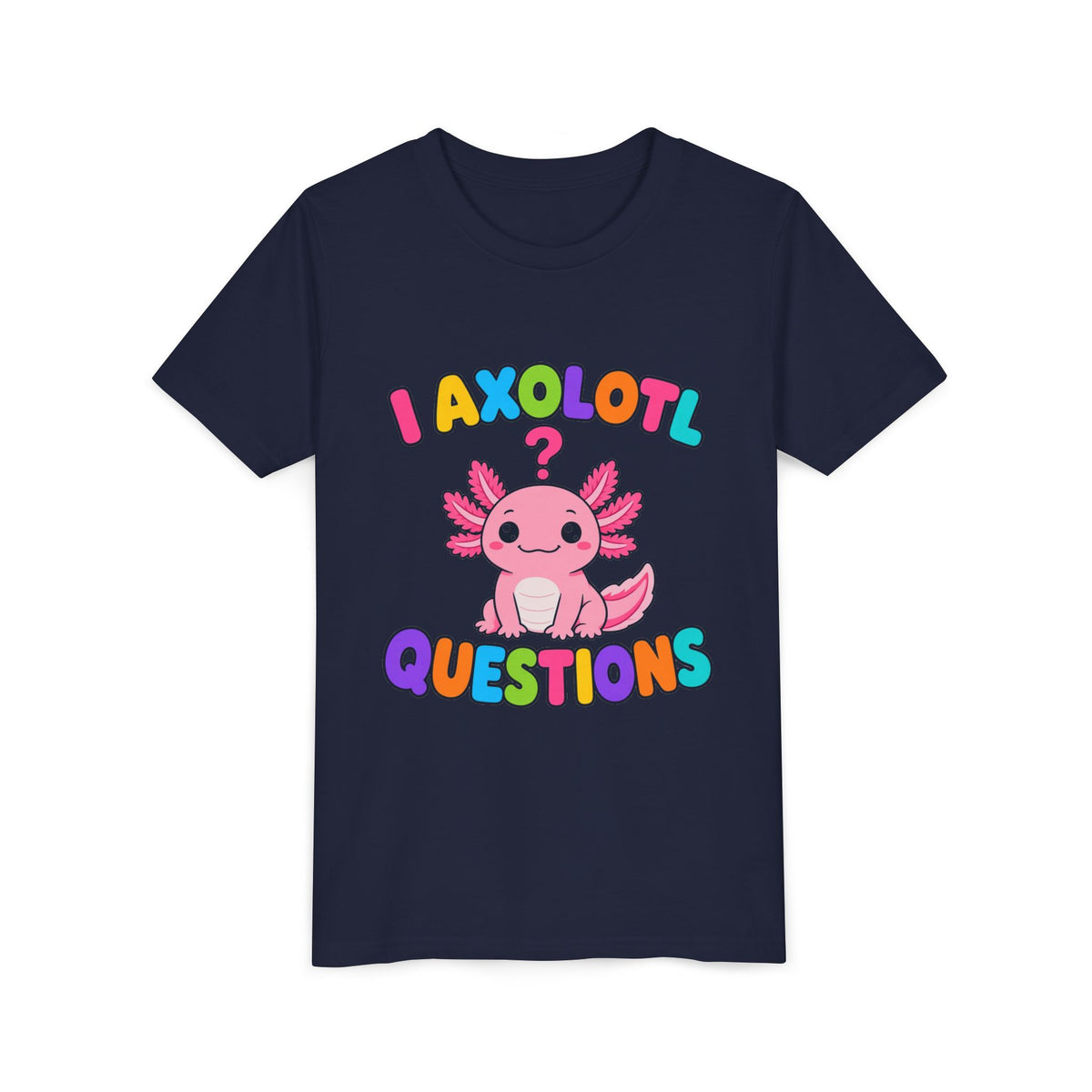 Kids navy T-shirt with pink axolotl graphic and 'Axolotl Questions' text