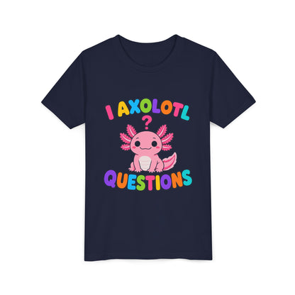 Kids navy T-shirt with pink axolotl graphic and 'Axolotl Questions' text