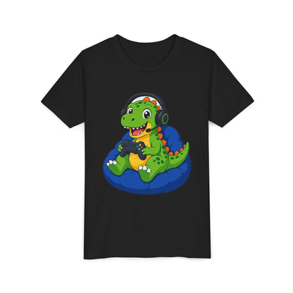 Kids black crew neck T-shirt with green dinosaur gaming graphic