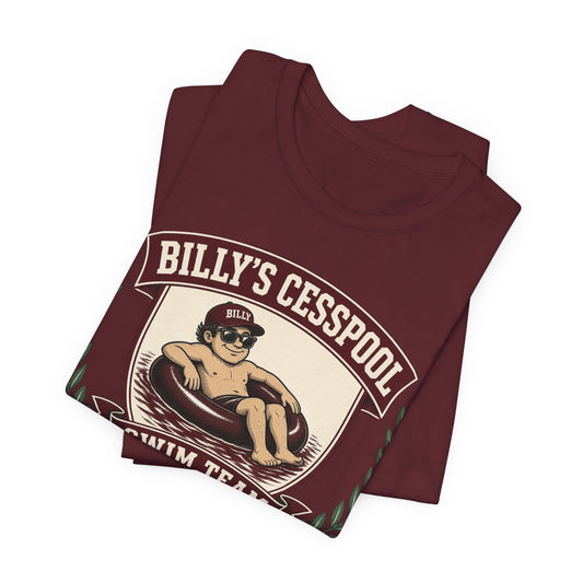 Maroon crew-neck graphic T-shirt with large swim team crest