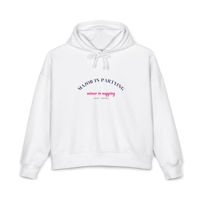White women's hoodie, 'Major in Partying' graphic, kangaroo pocket, drawstring hood