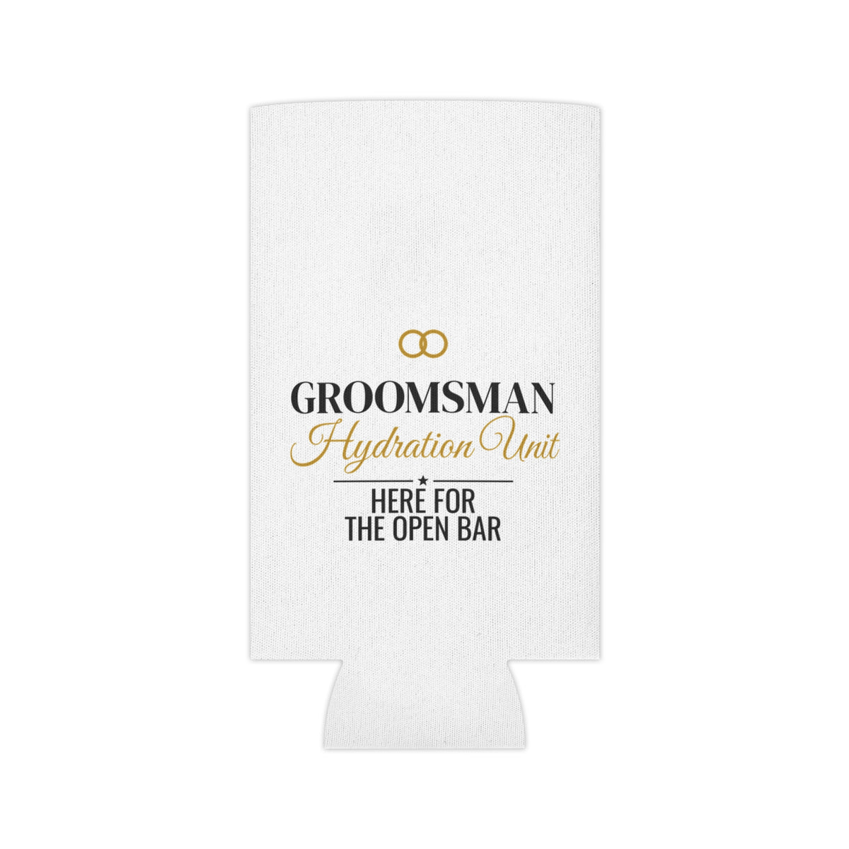 White koozie can cooler with gold wedding emblem and “Here for the Open Bar”