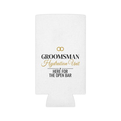 White koozie can cooler with gold wedding emblem and “Here for the Open Bar”