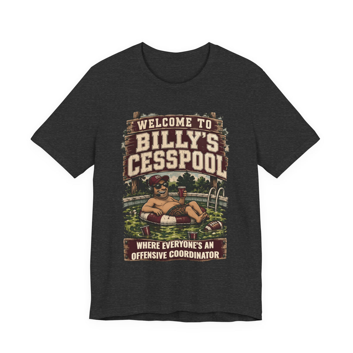 Dark gray crewneck T-shirt with Welcome to Billy's Cesspool front graphic
