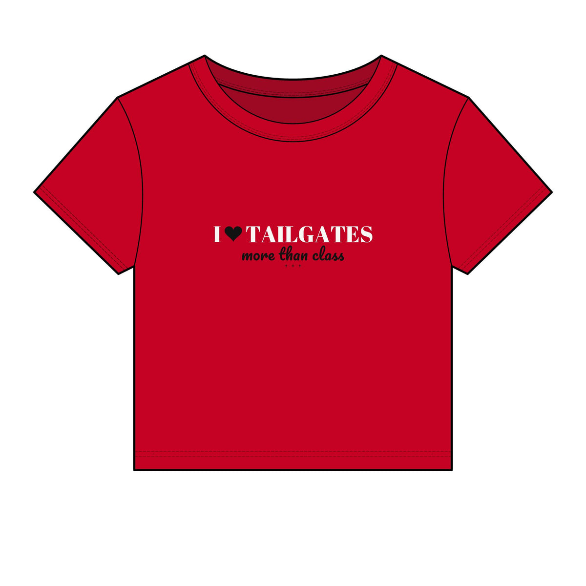 Red crop top T-shirt with "I ♥ TAILGATES" graphic and yellow-red slogan