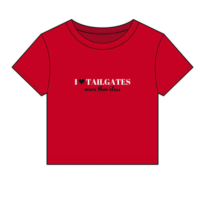 Red crop top T-shirt with "I ♥ TAILGATES" graphic and yellow-red slogan