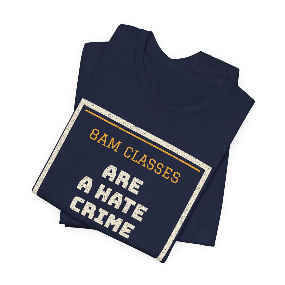 Navy short-sleeve crewneck T-shirt with front “ARE A HATE CRIME” graphic