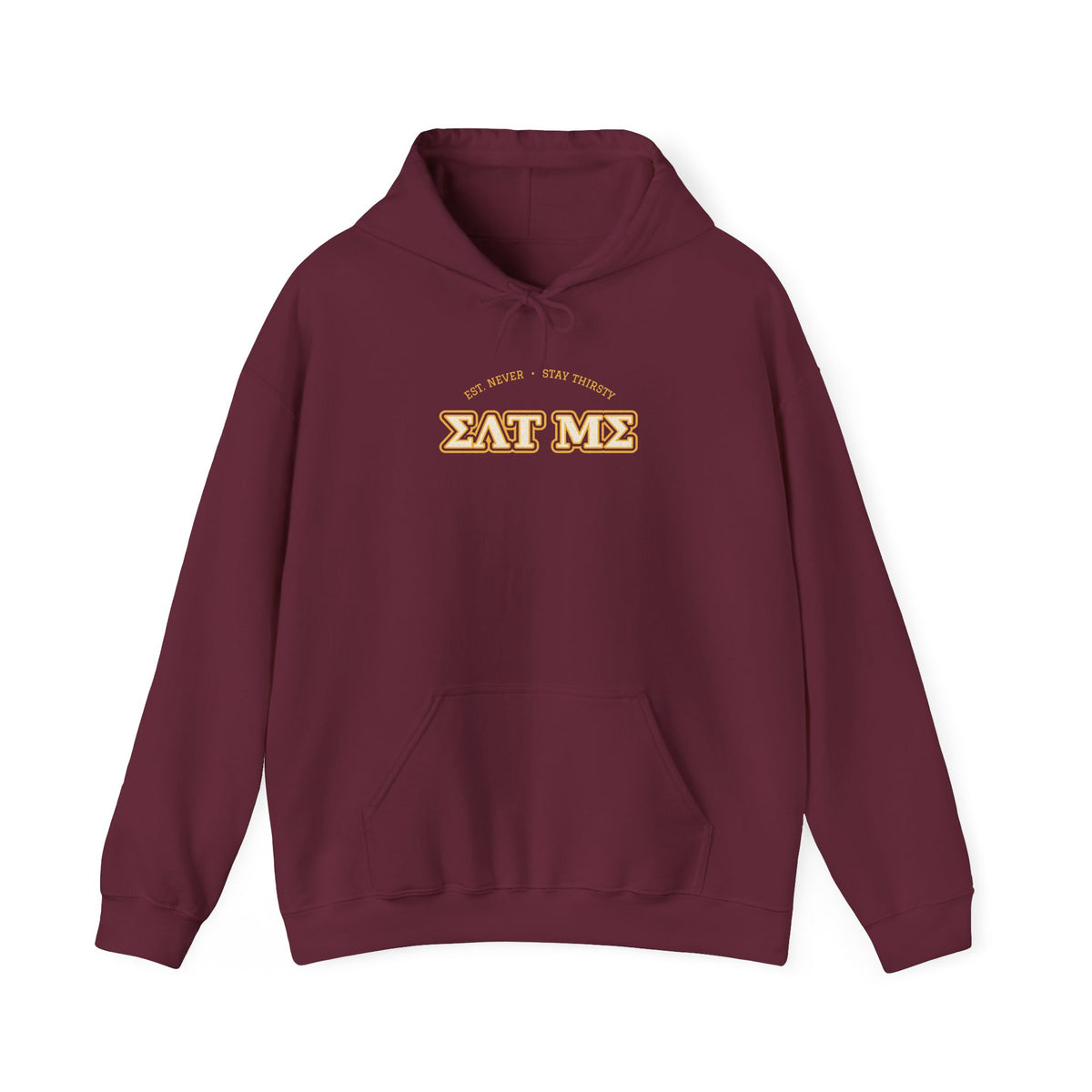 Maroon pullover hoodie with hood drawstrings, kangaroo pocket, and chest graphic