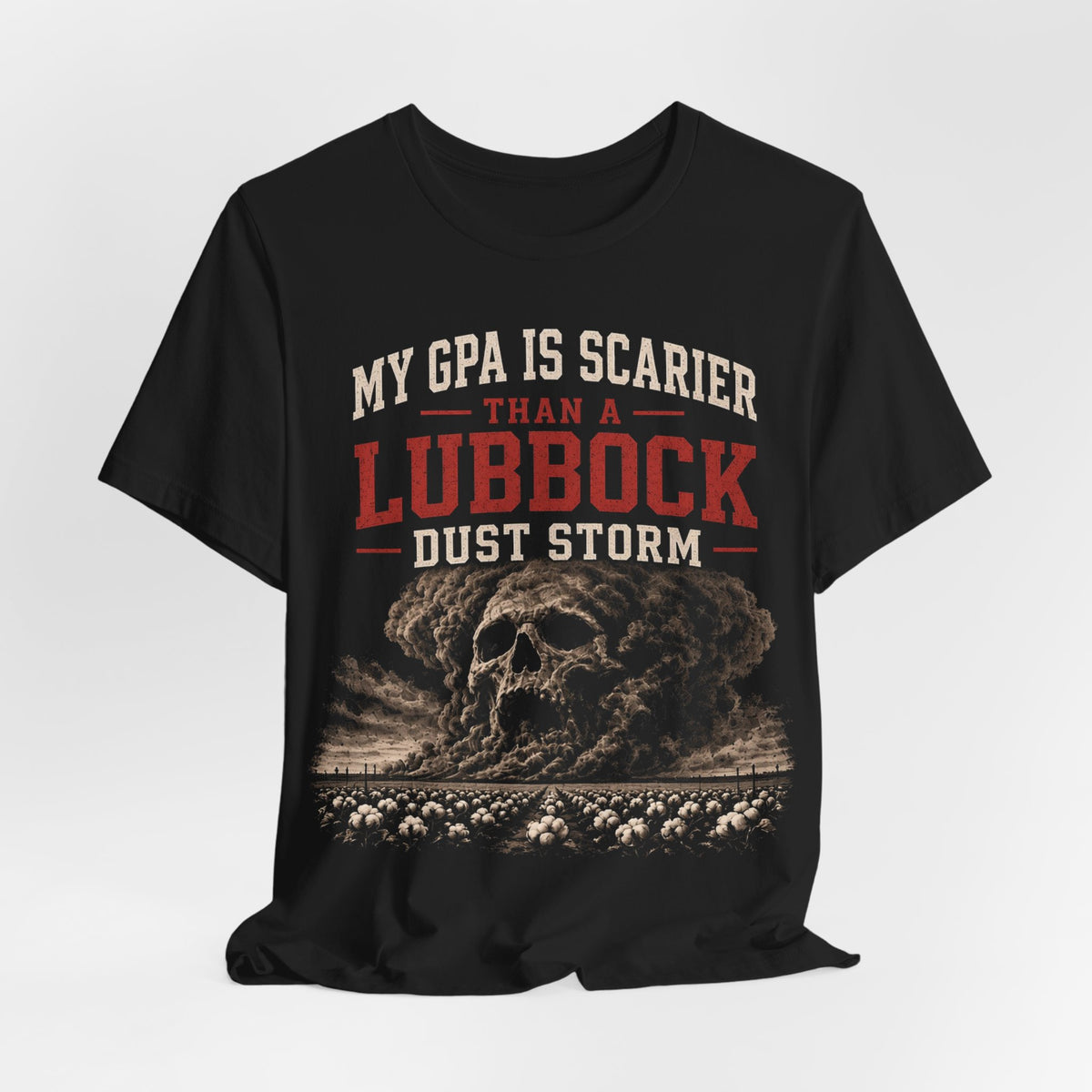 Black crewneck T-shirt with skull and Lubbock Dust Storm graphic centered on chest