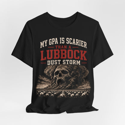 Black crewneck T-shirt with skull and Lubbock Dust Storm graphic centered on chest