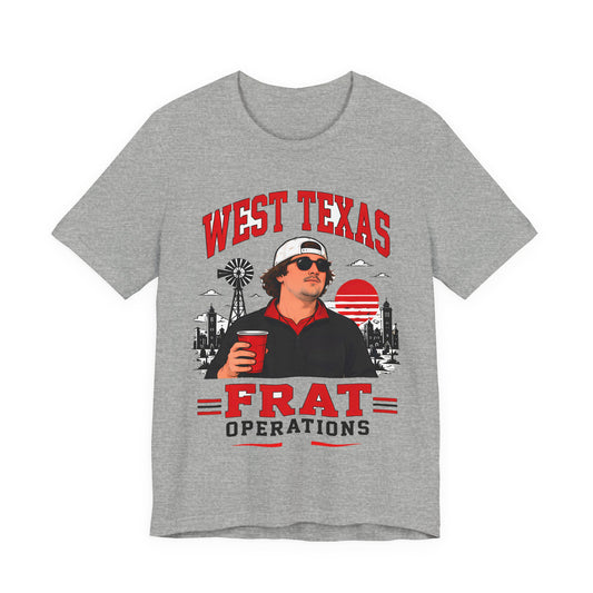 Athletic heather graphic T-shirt with 'WEST TEXAS' and 'FRAT OPERATIONS' front print