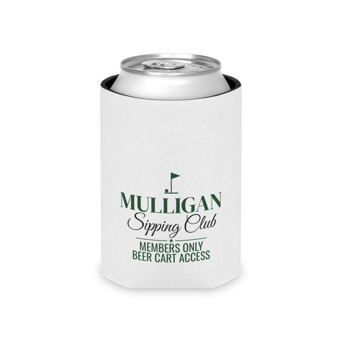 White beer koozie with green Mulligan Sipping Club logo and silver can top