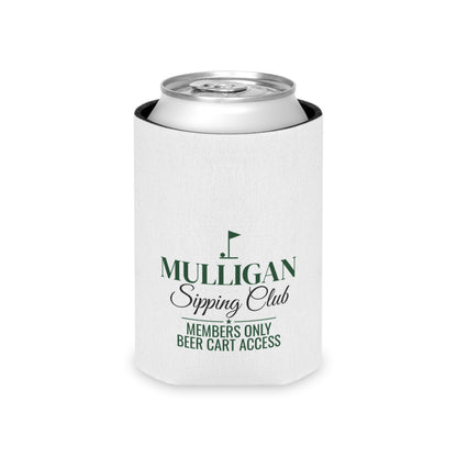 White beer koozie with green Mulligan Sipping Club logo and silver can top