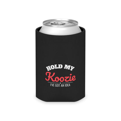 Black can koozie sleeve with silver can and 'HOLD MY Koozie' slogan printed