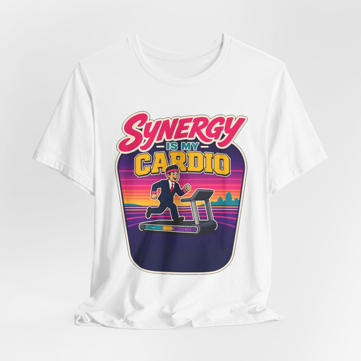 White crewneck T-shirt with colorful “cardio” treadmill workout graphic on chest