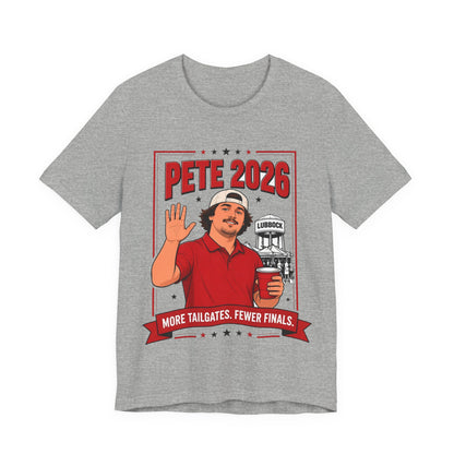 Athletic heather gray crewneck tee with large front graphic print reading “Pete 2026”.