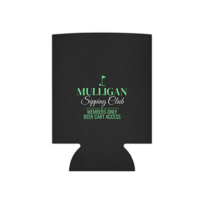Black koozie with green Mulligan Sipping Club emblem and Members only beer cart access.