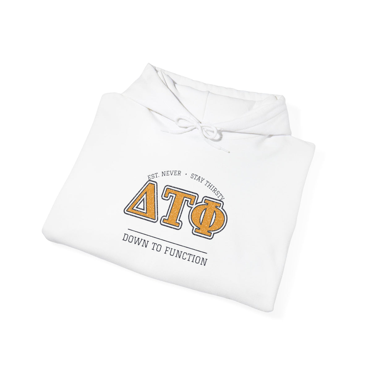 White hoodie with crest logo graphic on front and drawstring hood
