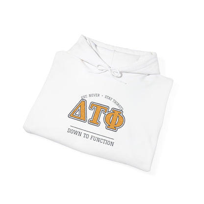 White hoodie with crest logo graphic on front and drawstring hood