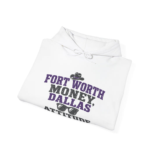 Folded white pullover hoodie with 'Fort Worth Money Dallas' graphic and drawstring hood