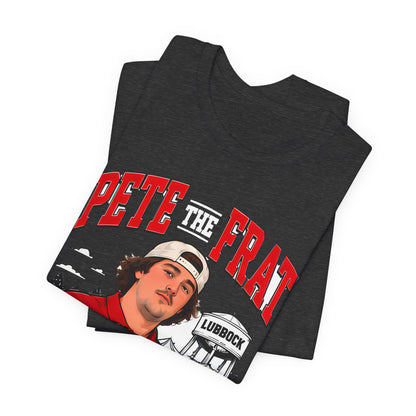 Stack of dark gray crew-neck T-shirts with front graphic and red PETE THE FRAT lettering