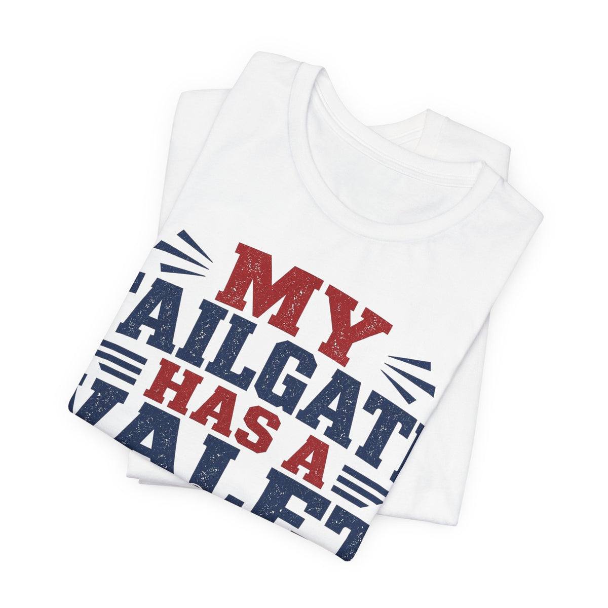 White crewneck graphic tee with large 'My Tailgate Has a Valet' text.