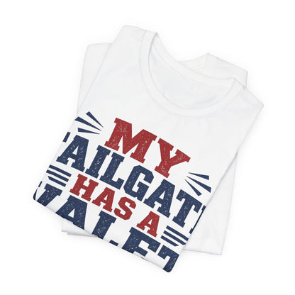 White crewneck graphic tee with large 'My Tailgate Has a Valet' text.