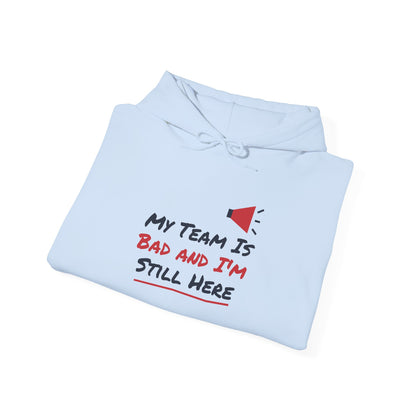 Light blue hoodie with colorful slogan graphic on front, folded view